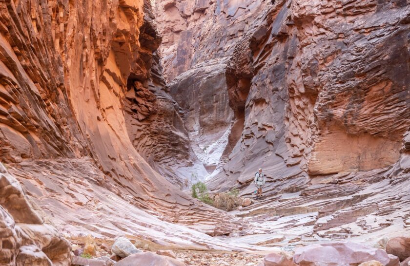 A man walks through North Canyon during stop on a Grand Canyon dory trip with OARS.