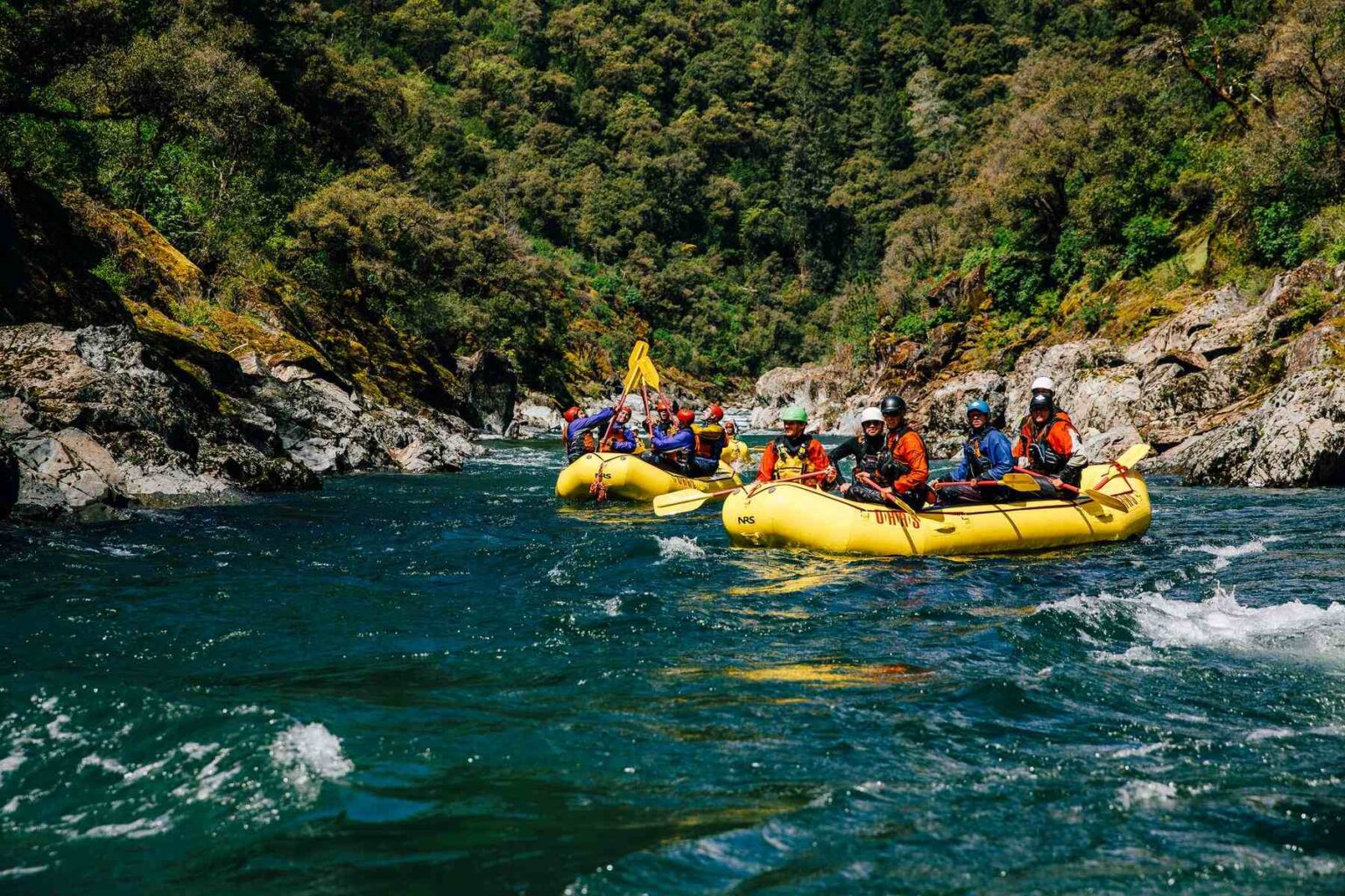 Rafts float side by side on the Middle Fork of the American River
