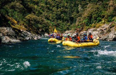 Rafts float side by side on the Middle Fork of the American River