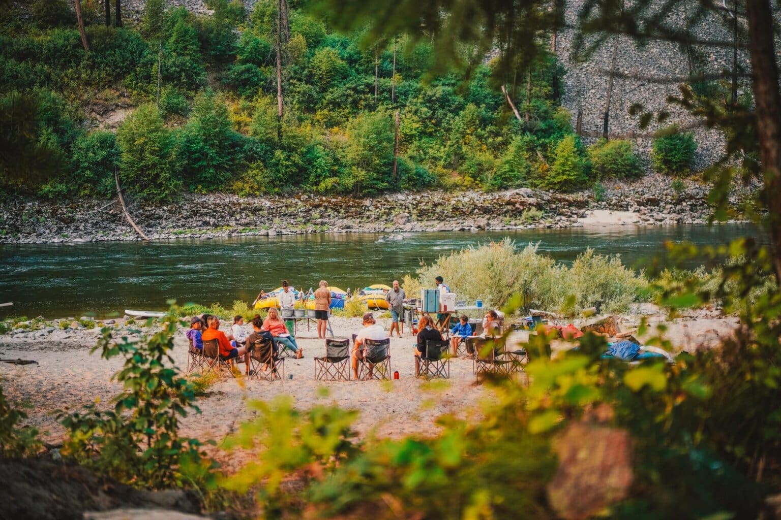 A raft trip camping on a beach on Idaho's Main Salmon River.