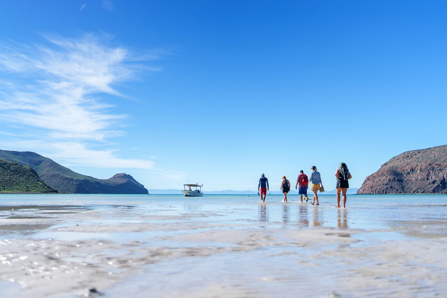 A group walks in shallow water off toward a boat in Baja, Mexico