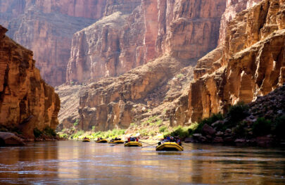 Five yellow OARS rafts float single file down the Colorado River through Grand Canyon