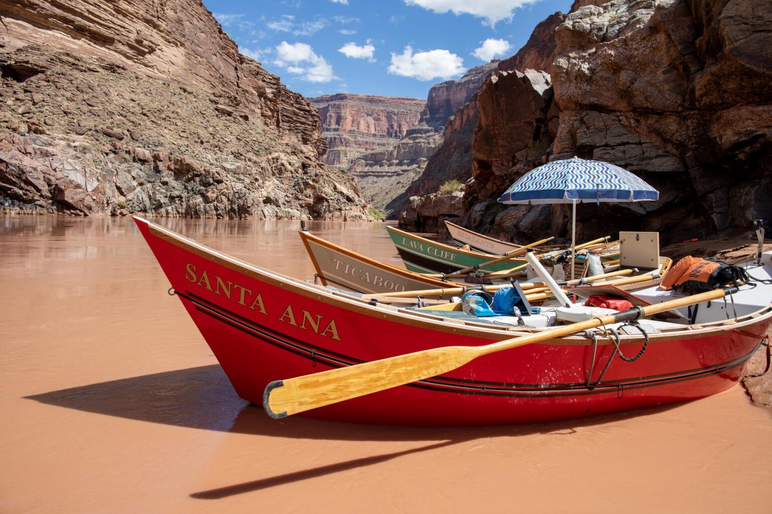 Dories lined up during an OARS Grand Canyon trip