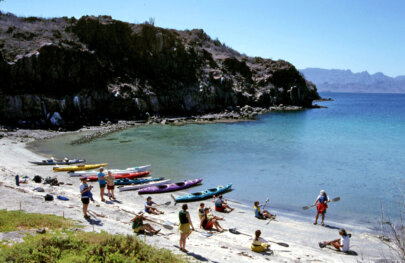 A line of sea kayaks pulled up on the beach as paddlers stand or sit on the beach watching a guide give an instructional talk.