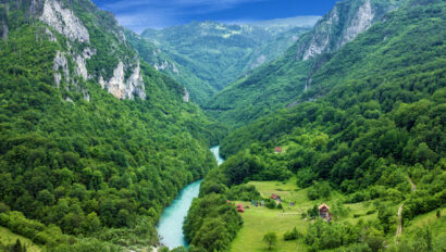 Scenic arial shot of a river through lush rainforest in Croatia