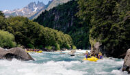 Scenic view of two yellow rafts paddling through whitewater on the famous Futaleufu River in Chile