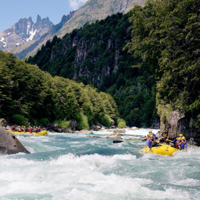 Scenic view of two yellow rafts paddling through whitewater on the famous Futaleufu River in Chile