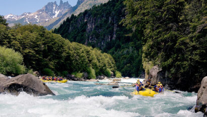 Scenic view of two yellow rafts paddling through whitewater on the famous Futaleufu River in Chile