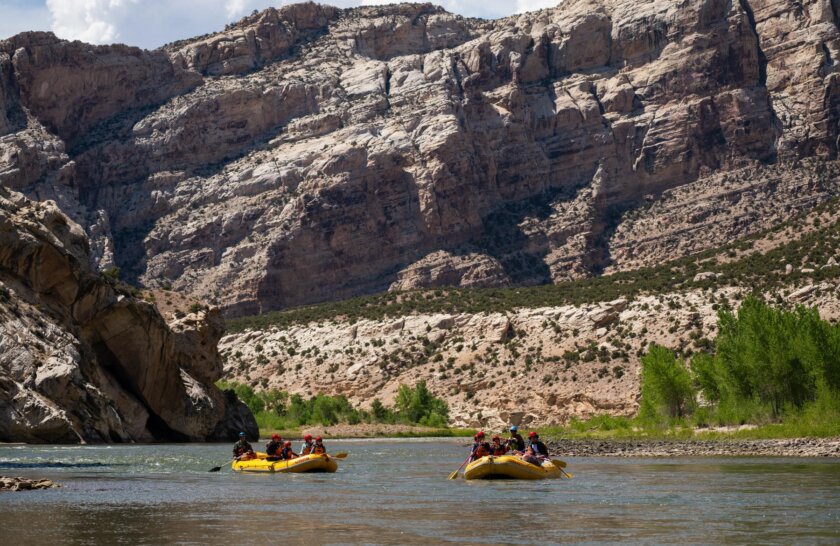 Two yellow OARS rafts in Split Mountain Canyon on the Green River in 2025.