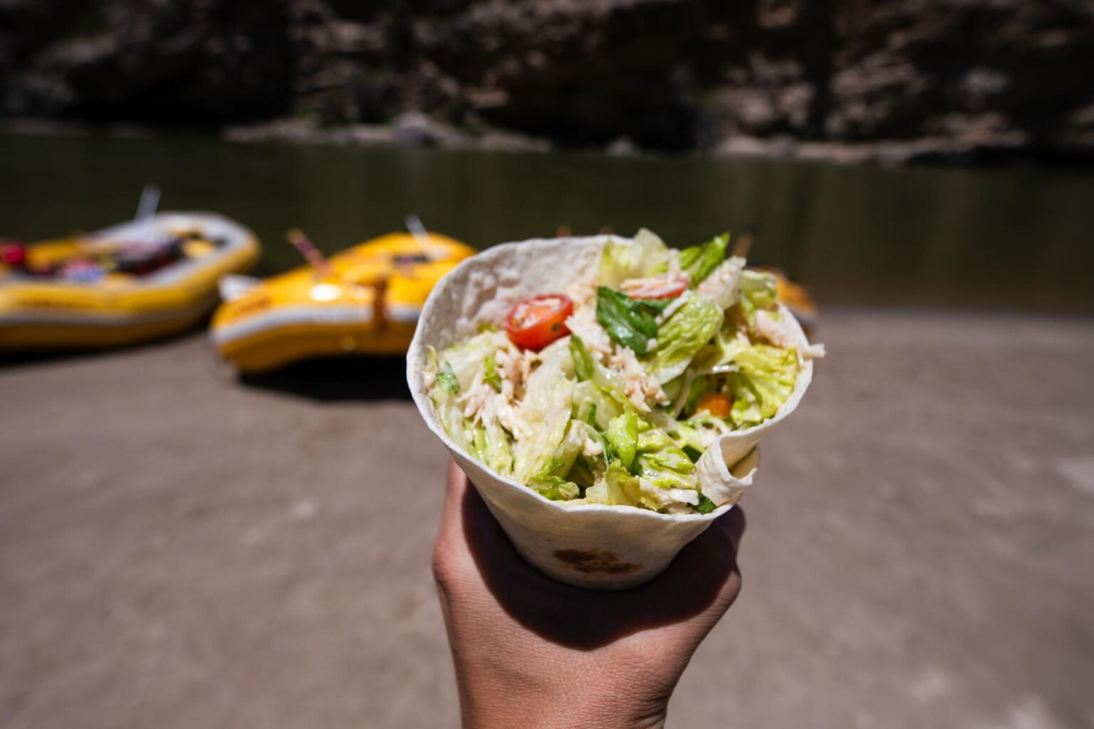 A chicken causer wrap for lunch during a rafting trip with OARS through Split Mountain Canyon on the Green River in 2025.