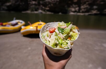 A chicken causer wrap for lunch during a rafting trip with OARS through Split Mountain Canyon on the Green River in 2025.