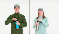 Two people dressed for the river with refillable water bottles.