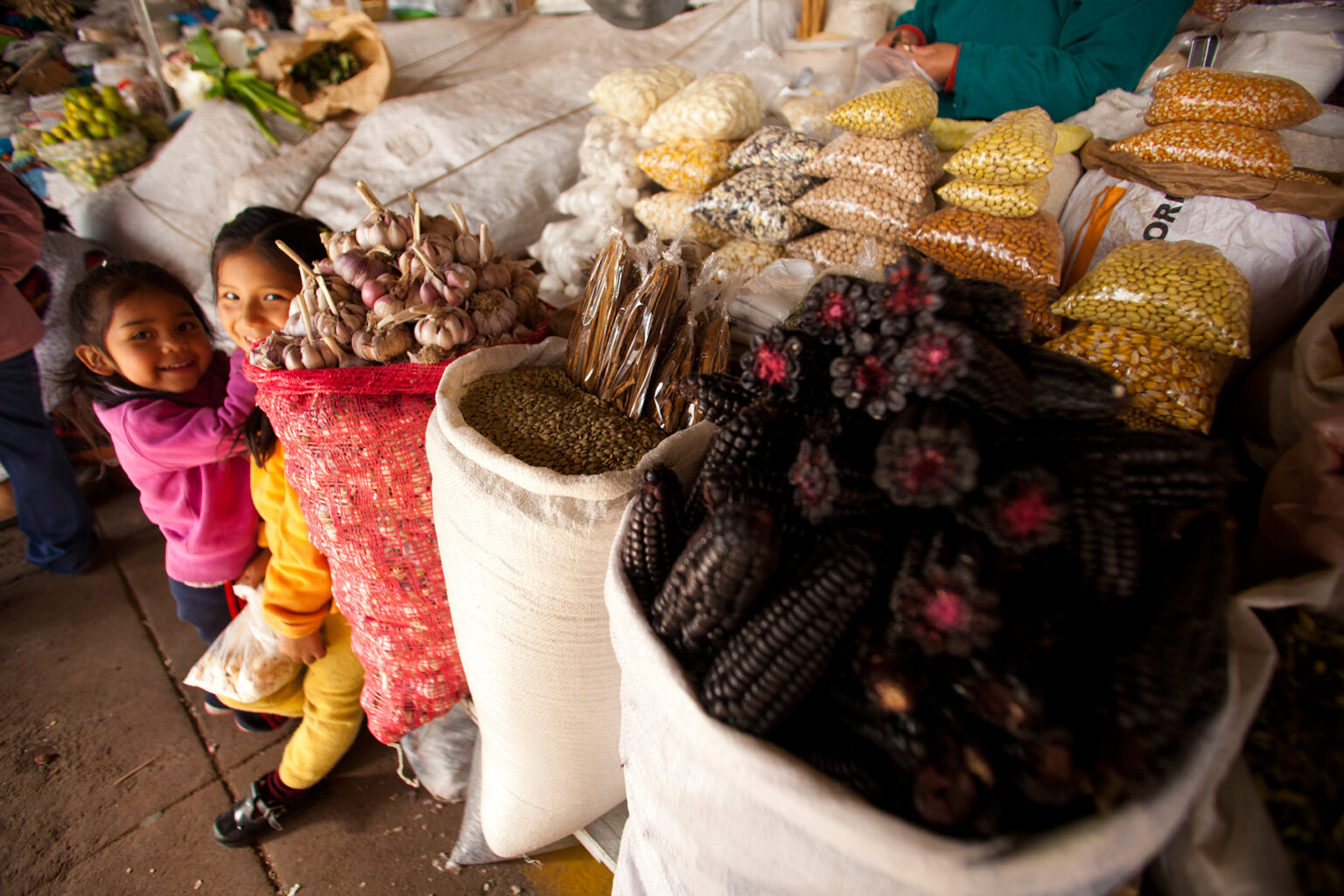 Children hide in front of bags of Peruvian grains for sale.