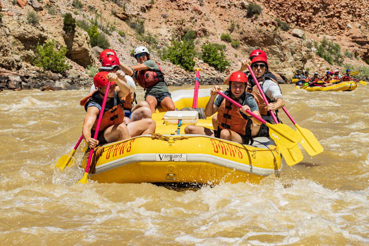 Group of rafters paddling in Split Mountain Canyon