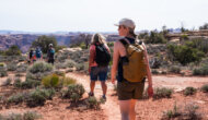 A group of hikers walk along a desert trail on an OARS Stillwater and Cataract Canyon hiker trip