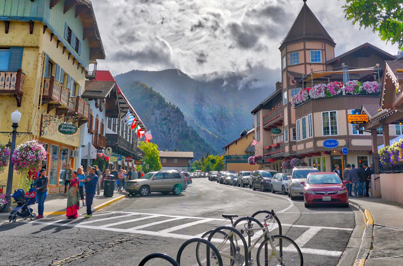 Leavenworth, WA - a Bavarian-styled villlage with people meandering outside.