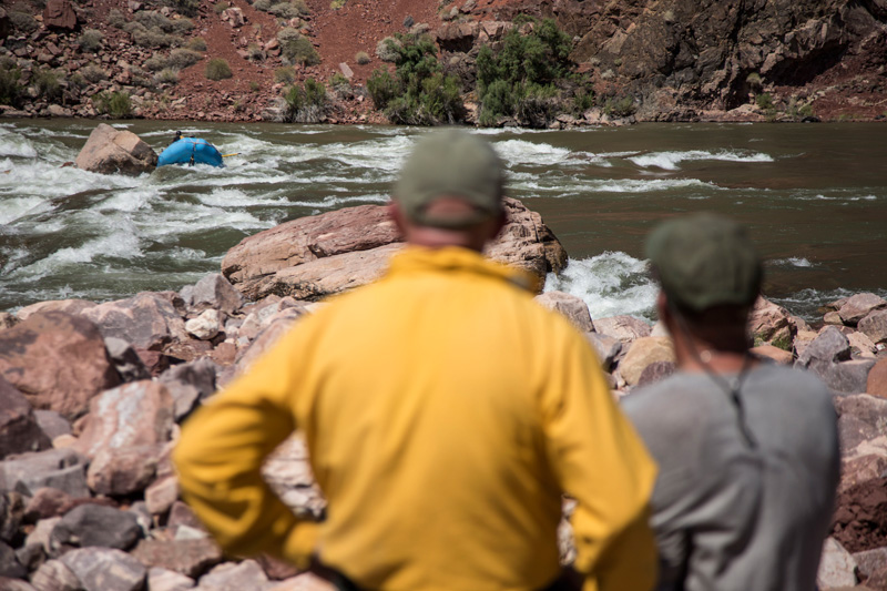 Raft stuck on a rock in Hance Rapid
