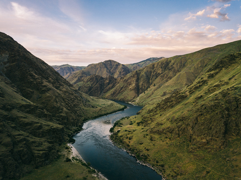 Snake River running through Hells Canyon at dusk 