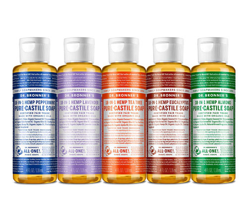 Dr. Bronners different types of liquid soaps in a line. 