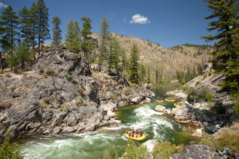 Best States for Whitewater Rafting: Idaho - yellow rafts float down the scenic Middle Fork Salmon Gorge.