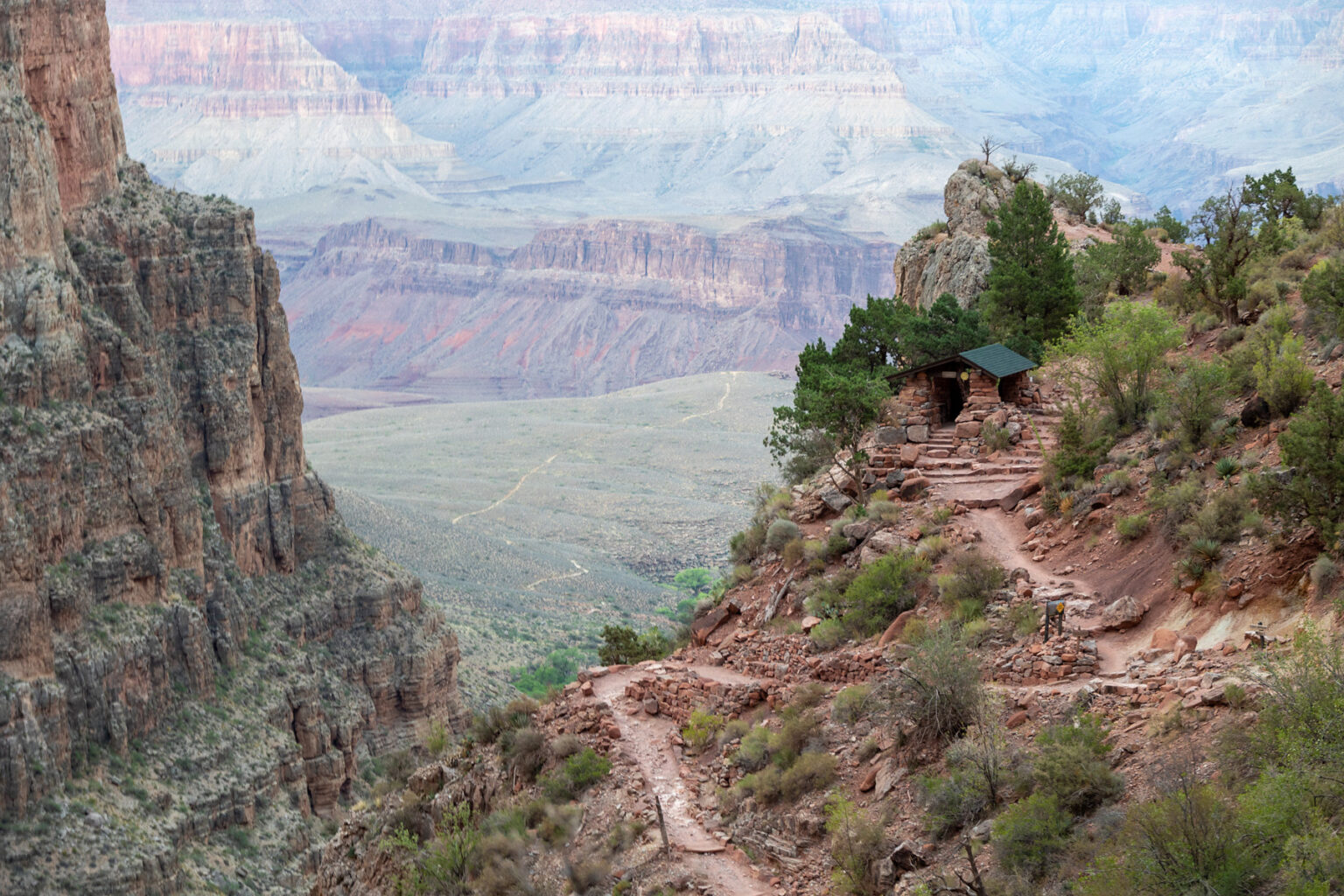 View of rest hut on Bright Angel Trail in Grand Canyon National Park