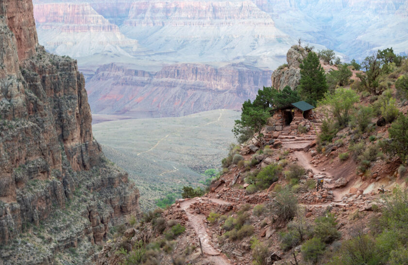 View of rest hut on Bright Angel Trail in Grand Canyon National Park