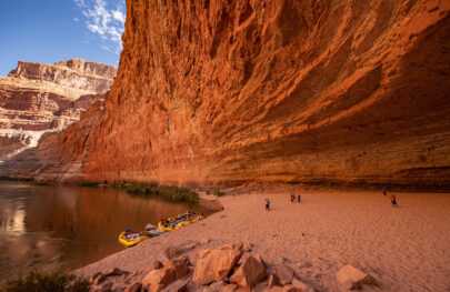 Redwall Cavern with OARS rafts and dory in Grand Canyon