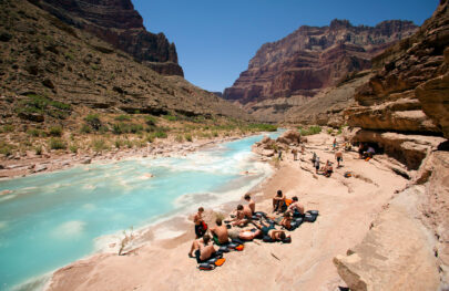 Guests relax in the sun on section of Little Colorado River in Grand Canyon