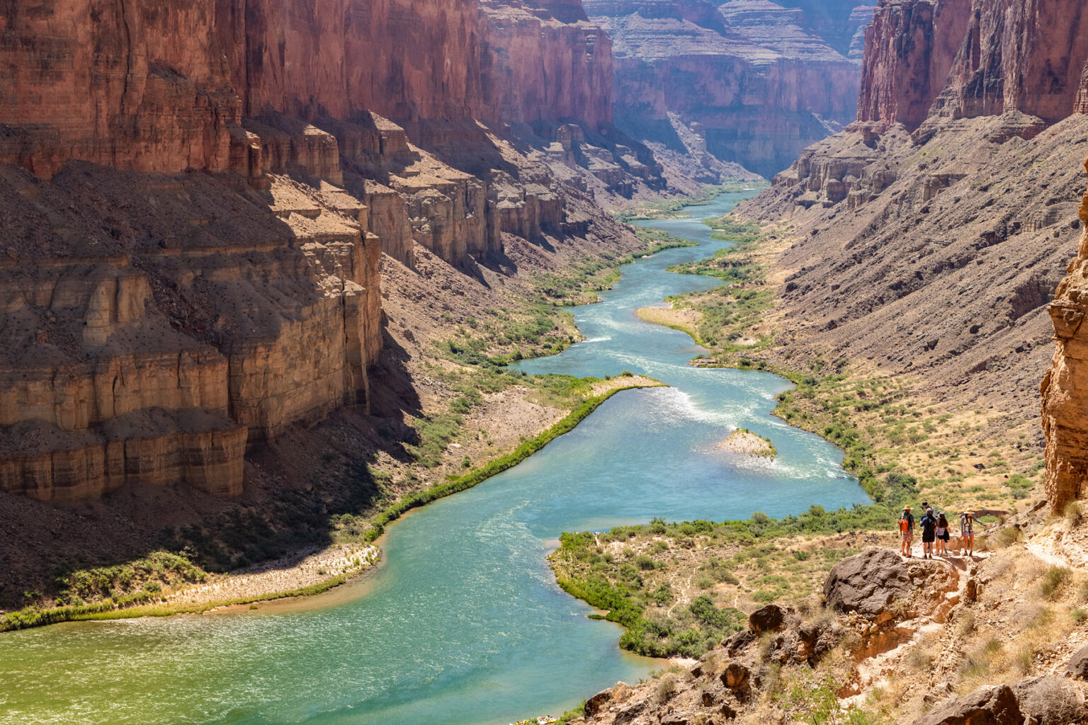 View of OARS guests looking downstream from Nankoweep in Grand Canyon National Park