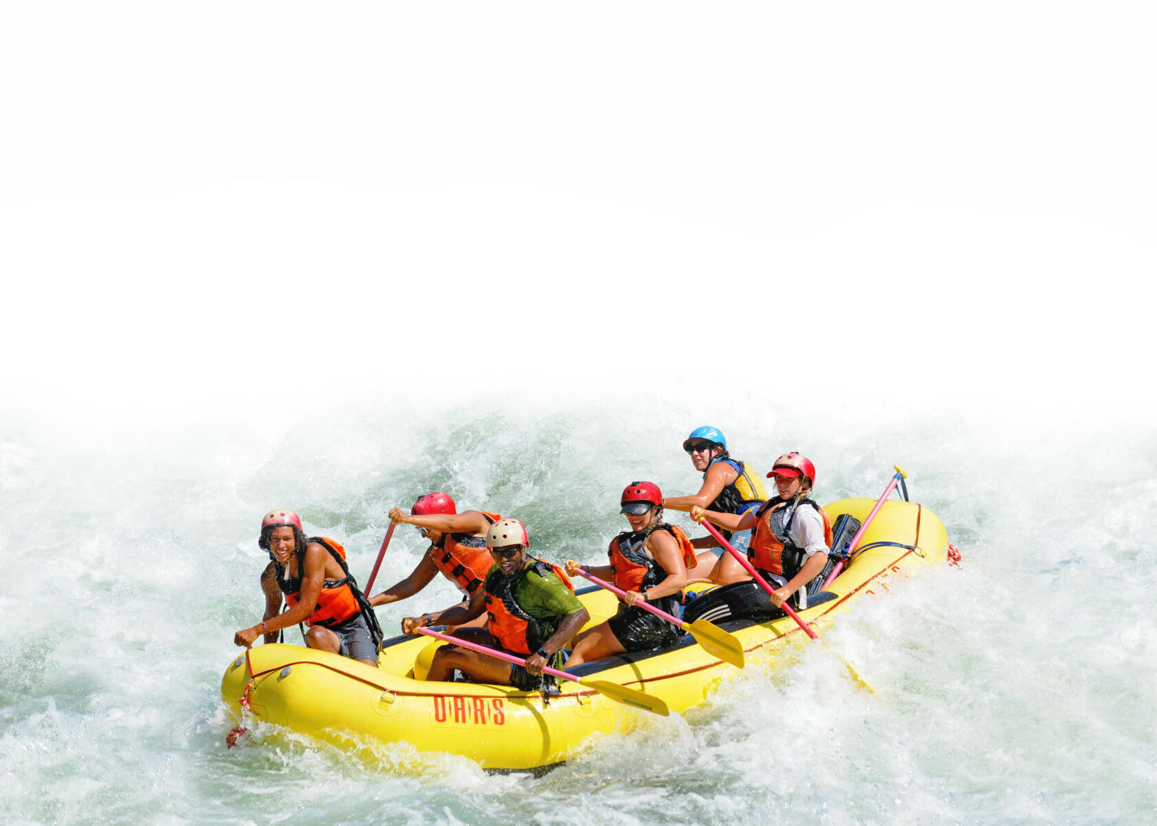 Whitewater river rafting on a river in California.