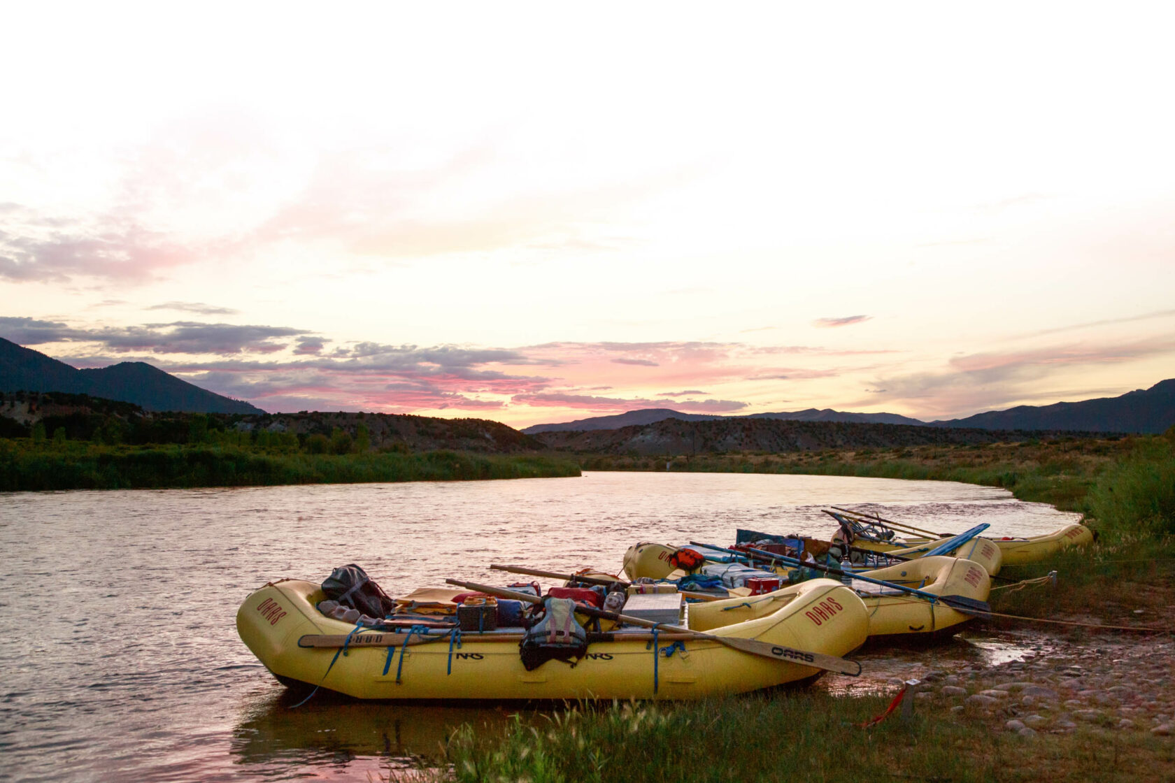 Rafts by the side of a river in Colorado.