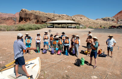OARS guide gives safety talk at the Lees Ferry put in ahead of an OARS dory Grand Canyon river trip
