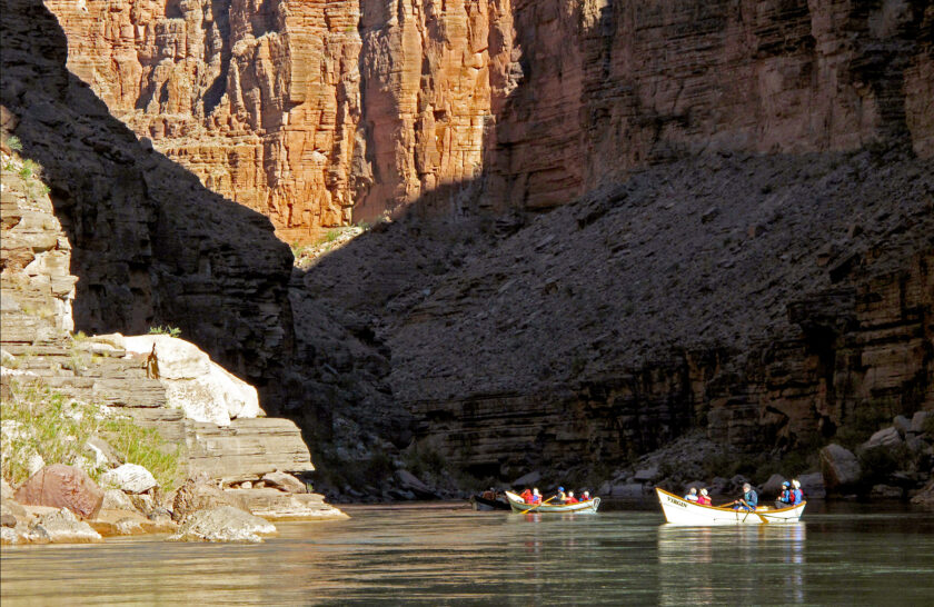 OARS dories are lit by sunlight against the cliffs in shadow deep in Grand Canyon