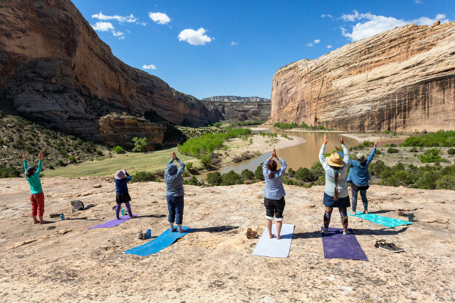 Women doing yoga on the river bank.