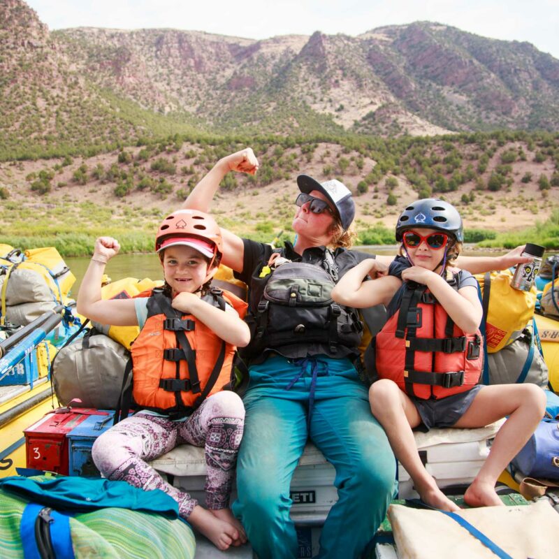A family ready for white water rafting at Flaming Gorge.