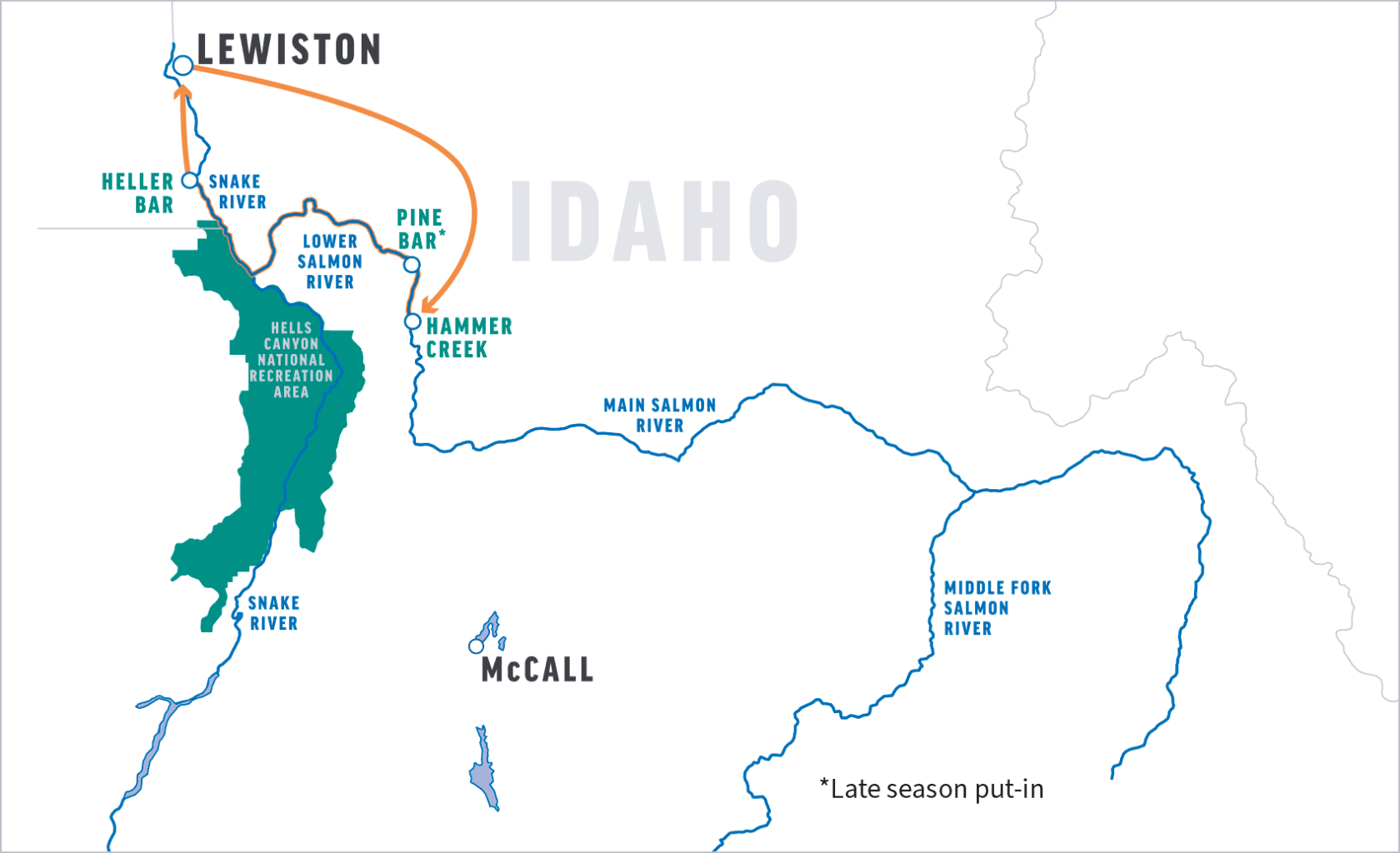 Map of Idaho highlighting rivers and recreation areas near Lewiston and McCall, including Hell's Canyon and Salmon River routes.