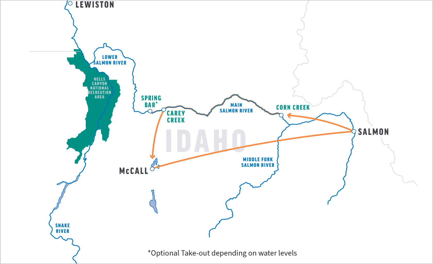 Map of Idaho highlighting rivers, including the Main Salmon and Middle Fork, with landmarks like McCall and Spring Bar noted.