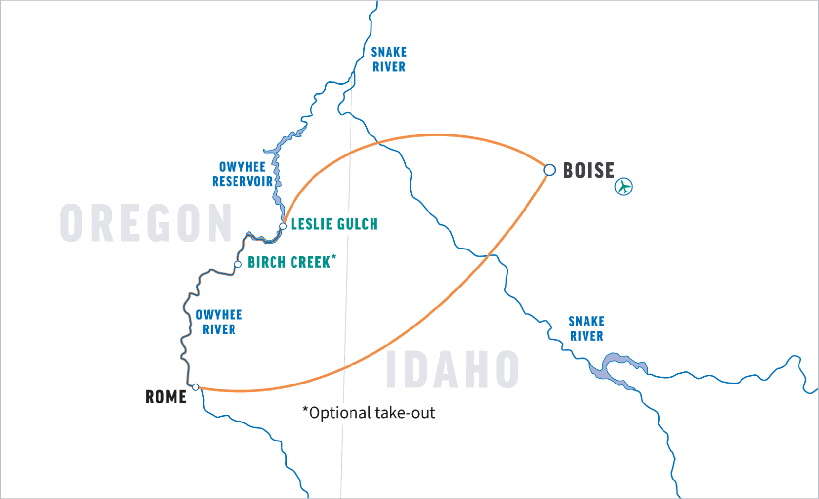 Map showing river routes in Idaho and Oregon with key landmarks: Boise, Leslie Gulch, Birch Creek, Owyhee Reservoir, and Snake River.