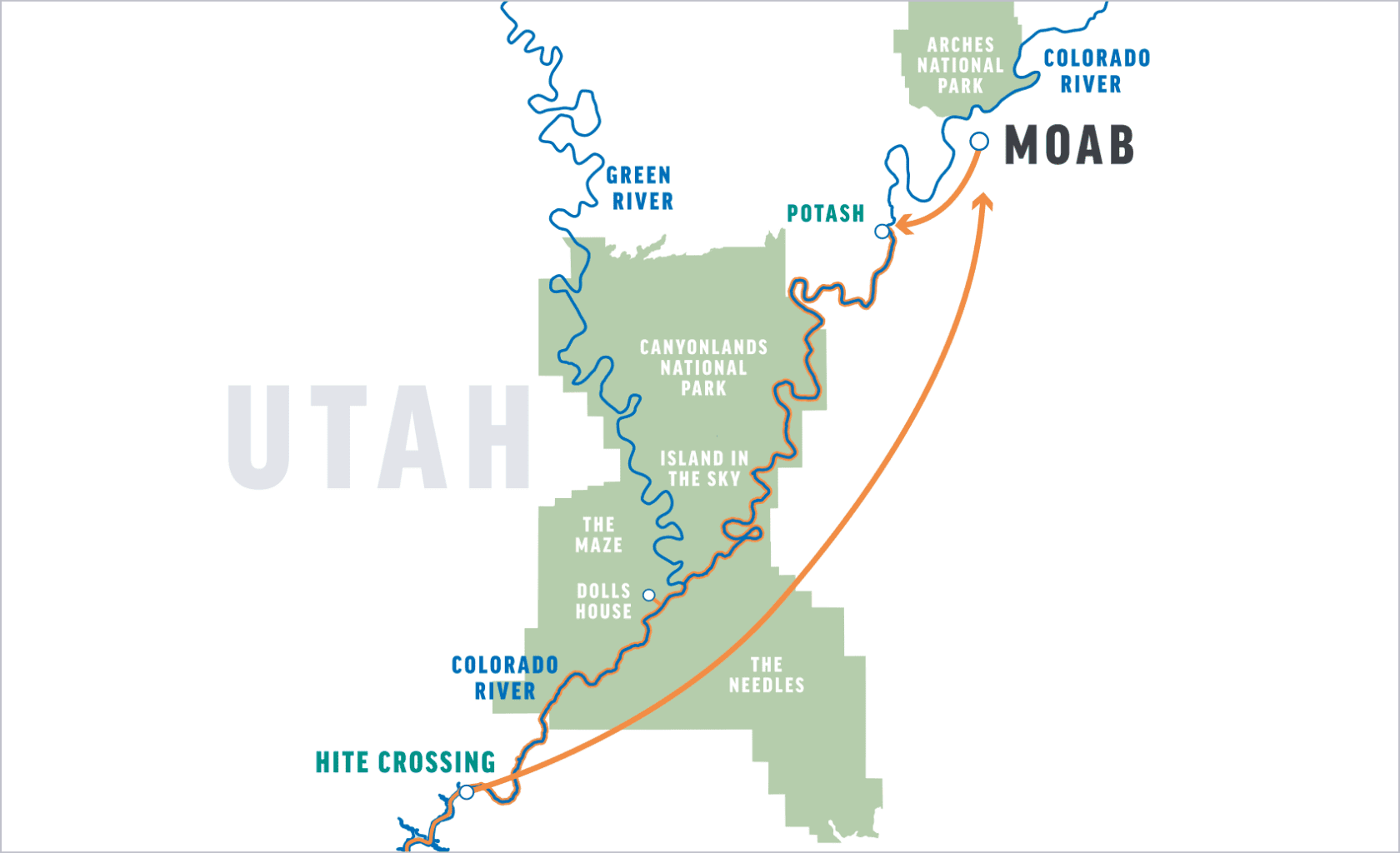 Map of southeastern Utah showcasing Moab, nearby national parks, and major rivers, including the Green and Colorado Rivers.