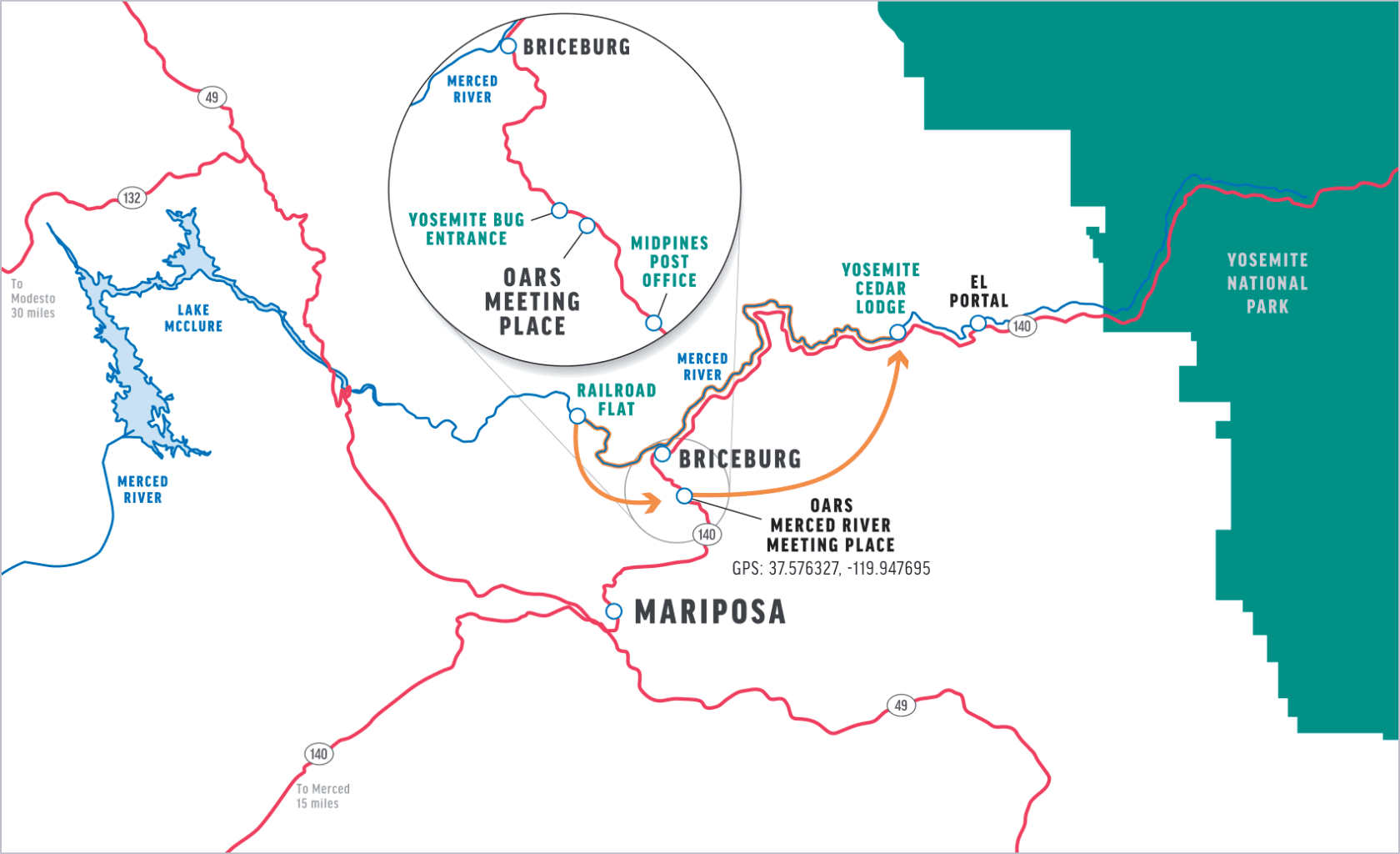Map showing Briceburg, OARS meeting place, and nearby landmarks like Yosemite Bug Entrance and El Portal, with Merced River highlighted.