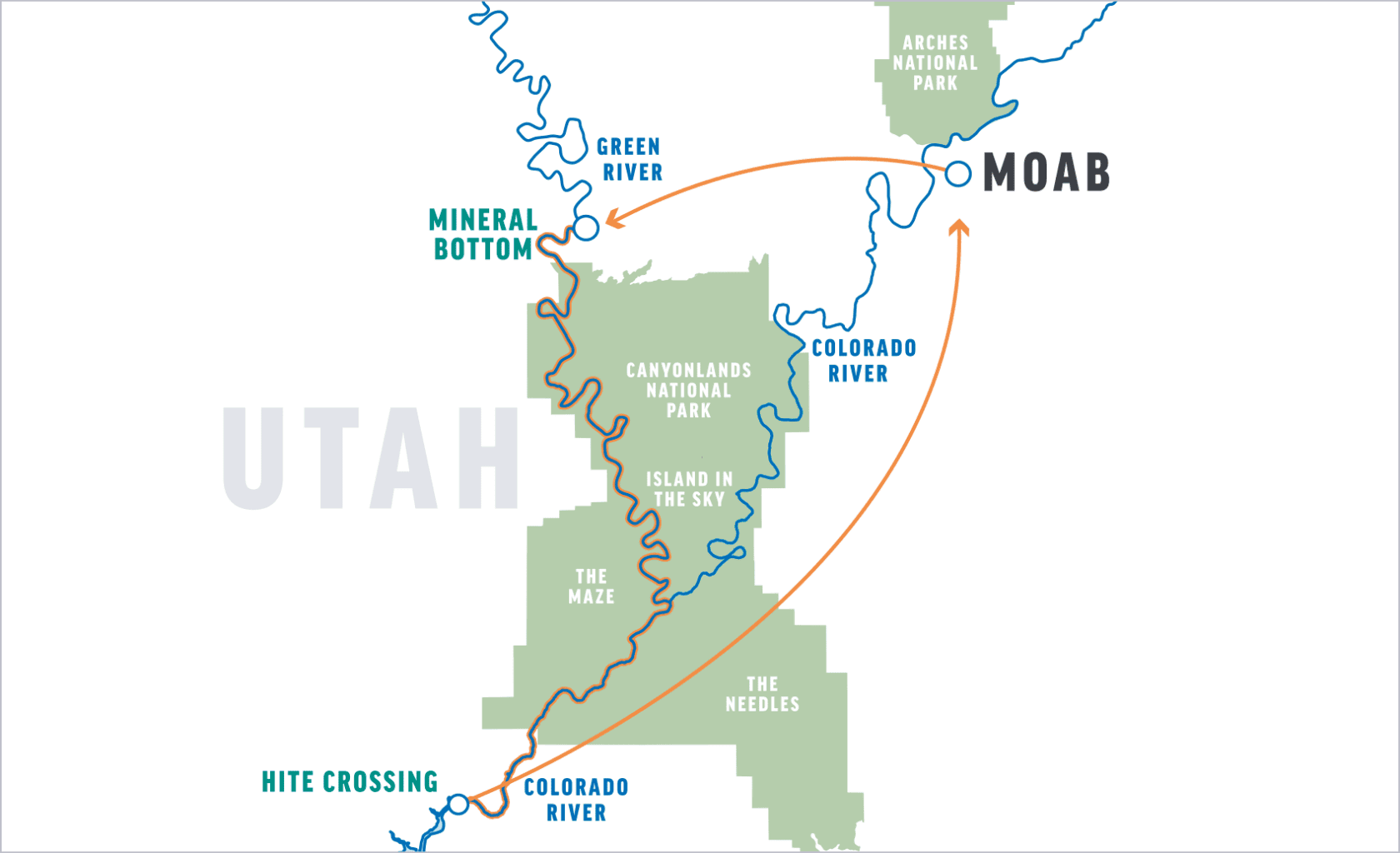 Map of southeastern Utah showcasing Moab, nearby national parks, and major rivers, including the Green and Colorado Rivers.