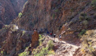 Zoomed out image of people on hiking trail on rocky canyon side.
