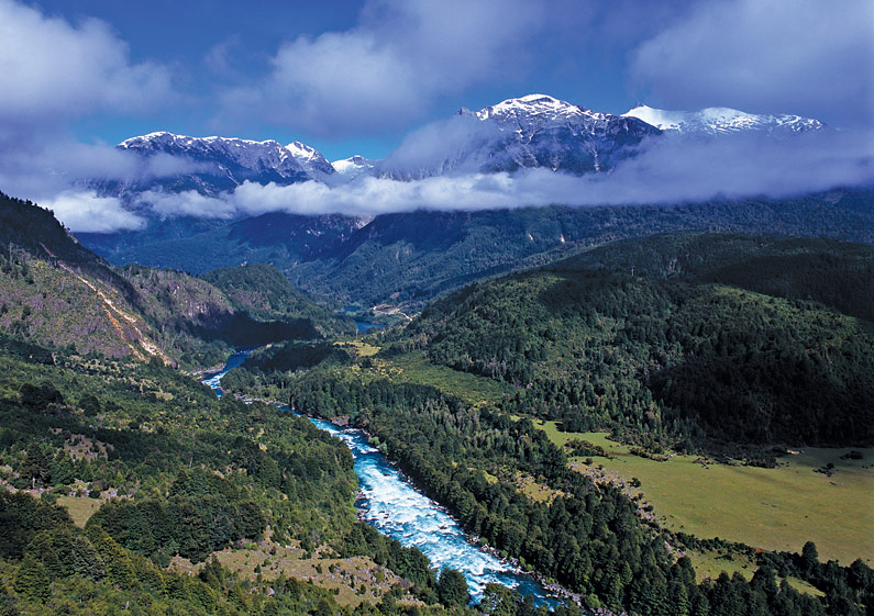 Terminator Rapid on Chile's Futaleufu River from above with the Andes Mountains in the background