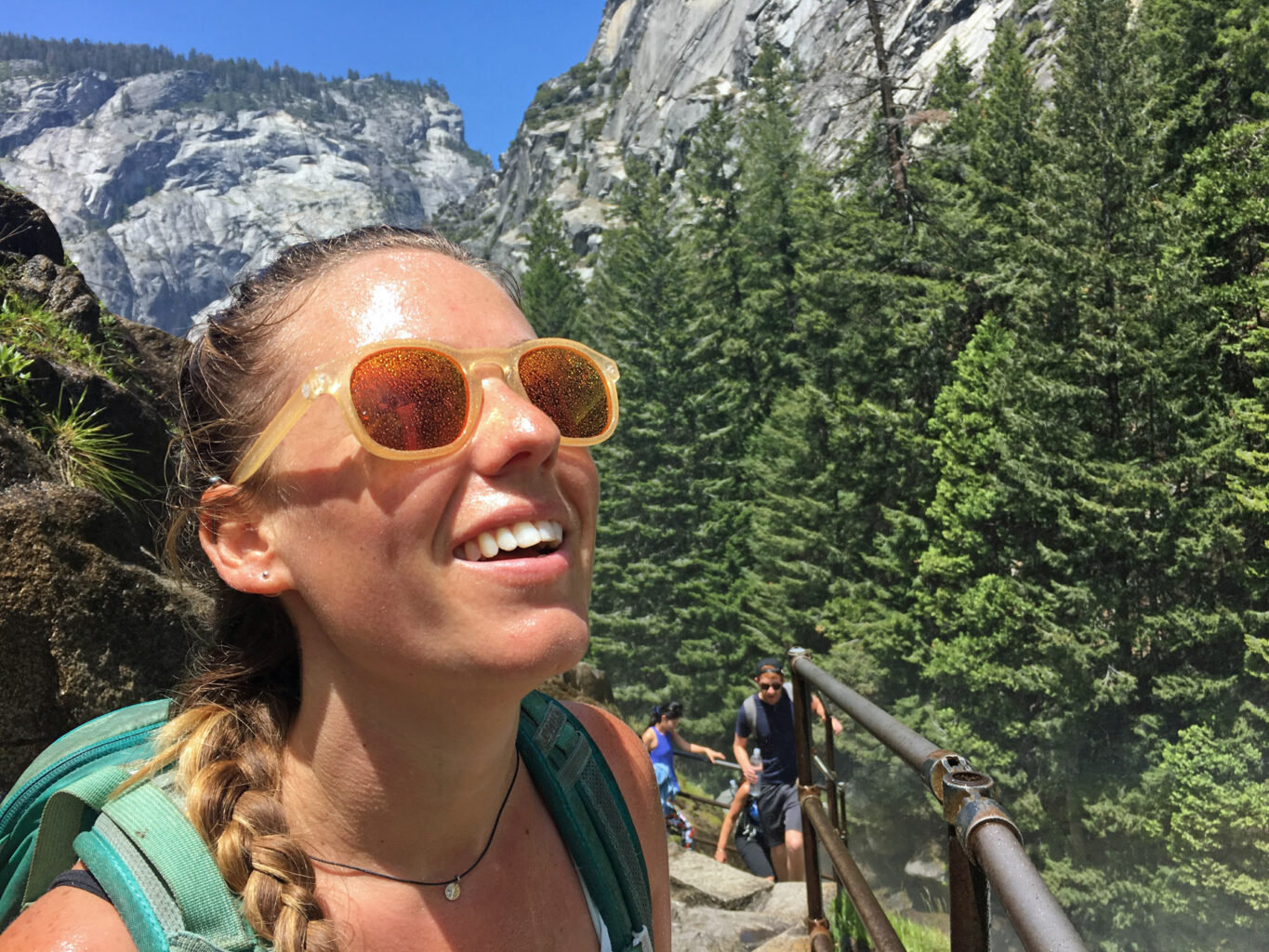 Moisture covers the sunglasses of a Yosemite hiker on the famed Mist Trail.