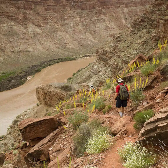 Person hiking above a river.