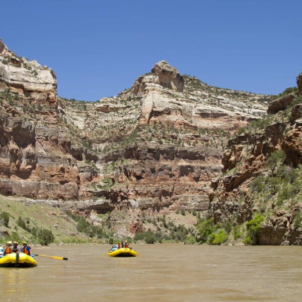 Two yellow OARS rafts full of people float down the Yampa River through a deep canyon in Dinosaur National Monument, Utah.