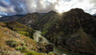 Middle Fork Salmon river from above during a cloudy sunset.