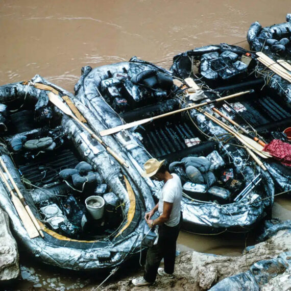 George Wendt with whitewater rafting boats in April 1969.