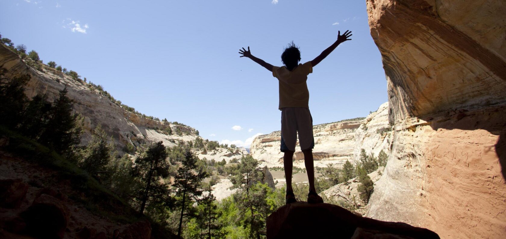 A person raises their arms to celebrate rocks on the Yampa River.