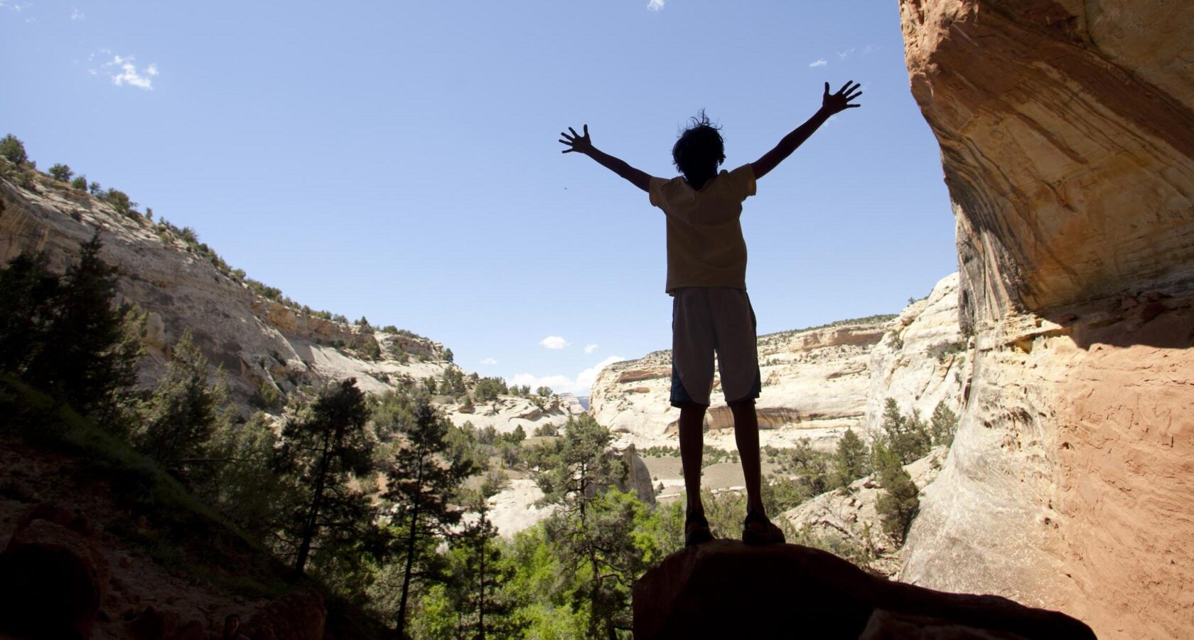 A person raises their arms to celebrate rocks on the Yampa River.